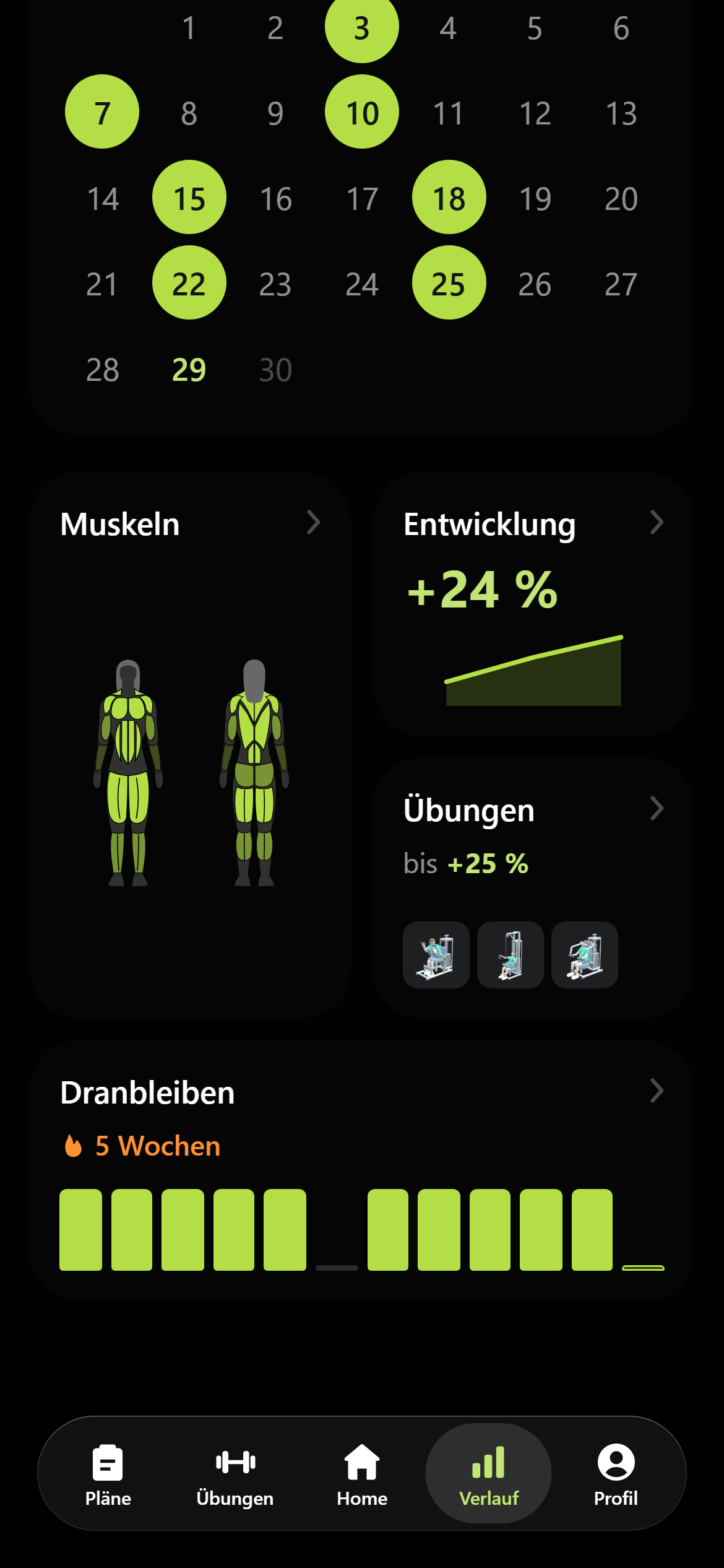 App-Ansicht Verlauf mit Muskeln, Entwicklung, Übungen und Dranbleiben