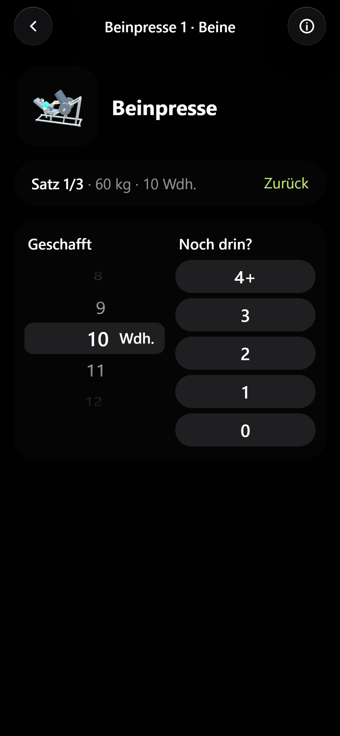 App-Ansicht während des Satzes mit Wiederholungs-Rad
