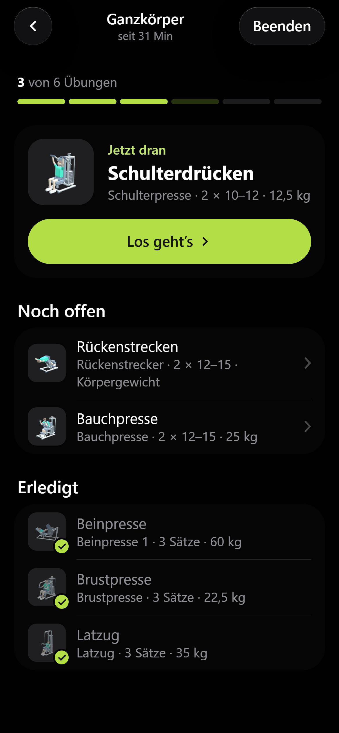 App-Ansicht heutiges Training mit erledigten und offenen Übungen